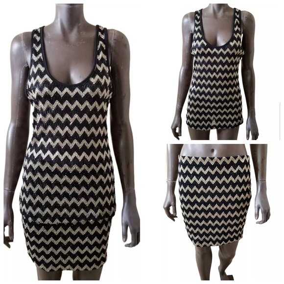 VTG DOTS Womens Black Gold Zig-Zag Stretch Lace Racerback Tank Skirt Set XL NEW - Picture 1 of 13